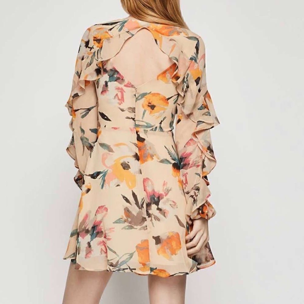 BCBGeneration Floral Ruffle Mini Dress Sheer Long Sleeve Boho Size 4 - Picture 8 of 15